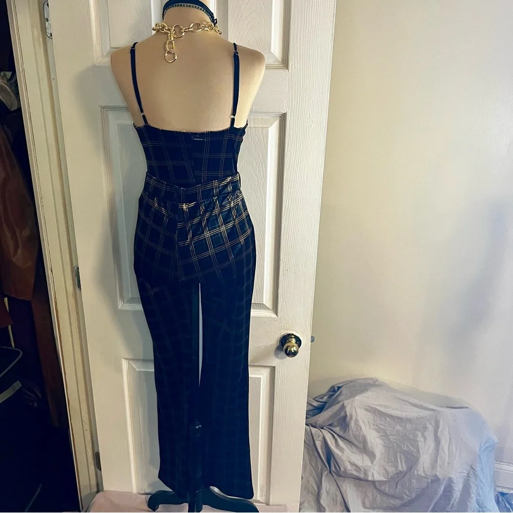 Emory Park Retro 2 Piece Velvet Corset Top Hippie Plaid Wide‎ Leg Pants Brown M